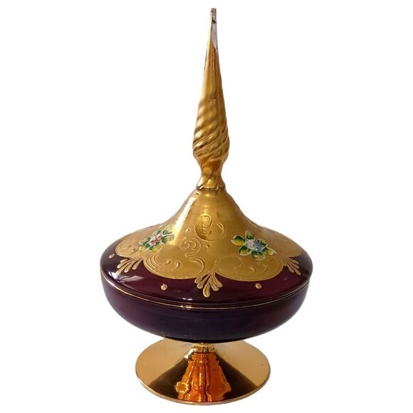 Ardalt Covered Dish Italy Gold Floral Amethyst Glass Gold Handpainted Vintage. - Picture 10 of 16